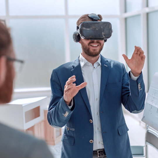 virtual-reality Employee with VR glasses on his head